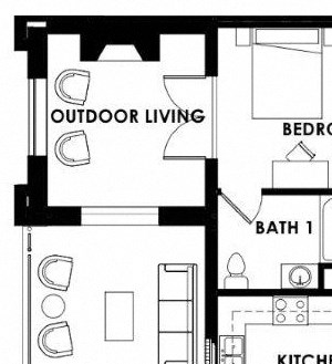 2BR2BA floor plan deluxe Deluxe floor plan for The Balcony apartments in Tuscaloosa, AL featuring a large wraparound balcony.